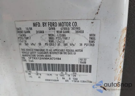 2009 Ford F150 Stx/Xl from USA, damaged, VIN 1FTRX12W99KA73184